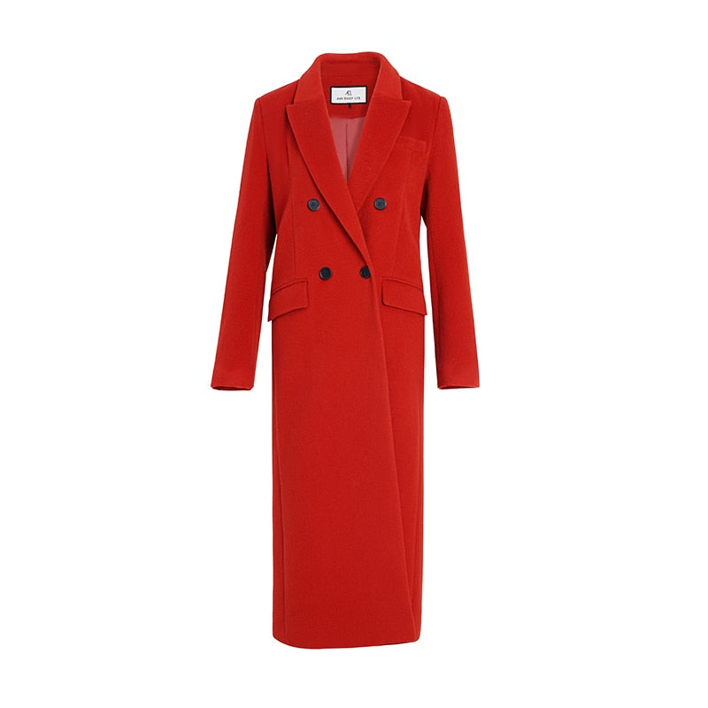 Red Double Breasted Vintage Loose Long Suit Woolen Coat eprolo