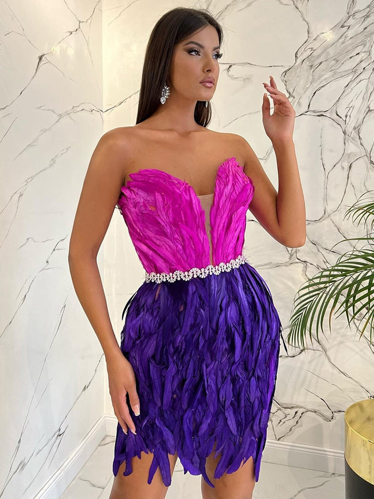 PB Stylish High Waist Feather Crystal Design Mini Dress Sexy Strapless Sleeveless Celebrity Party Club eprolo