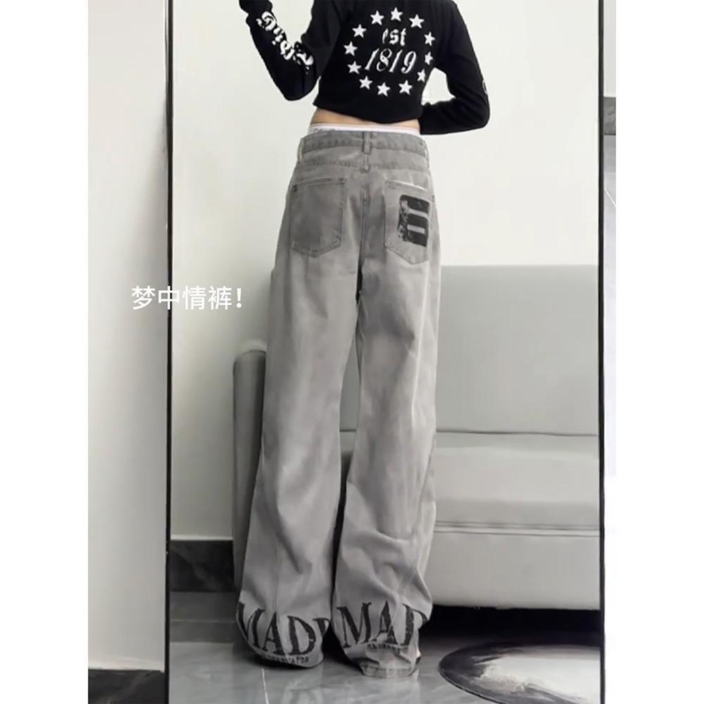 High Street Vibe Letter Print Jeans Women West Coast American Style Vintage Distressed Straight Leg Long Pants eprolo