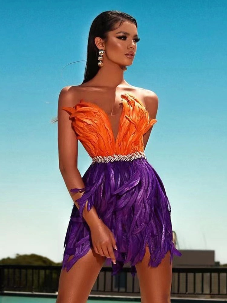 PB Stylish High Waist Feather Crystal Design Mini Dress Sexy Strapless Sleeveless Celebrity Party Club eprolo