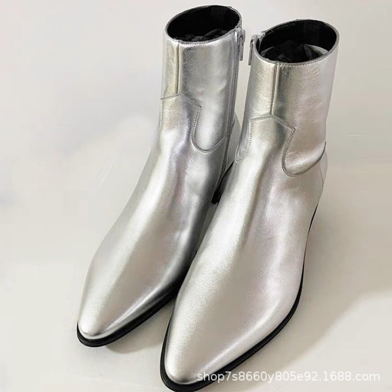 Brand new vintage ancient style men sliver boots point toe  zip up casual shinny leather booties party shoes male eprolo