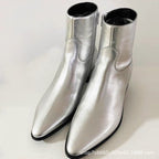 Brand new vintage ancient style men sliver boots point toe  zip up casual shinny leather booties party shoes male eprolo