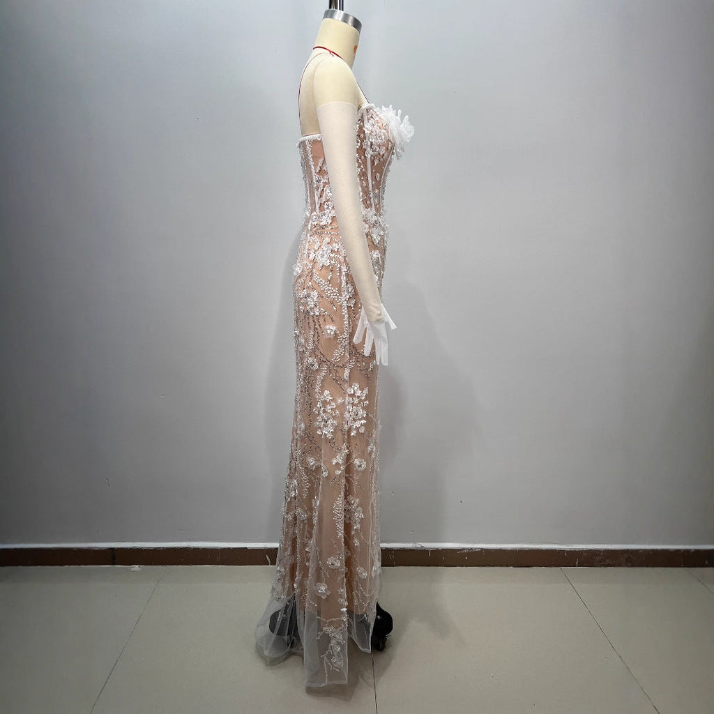 High-Quality Fashion Design Strapless Floral Decorated Boned Casual Long Mesh Bodycon Dress eprolo