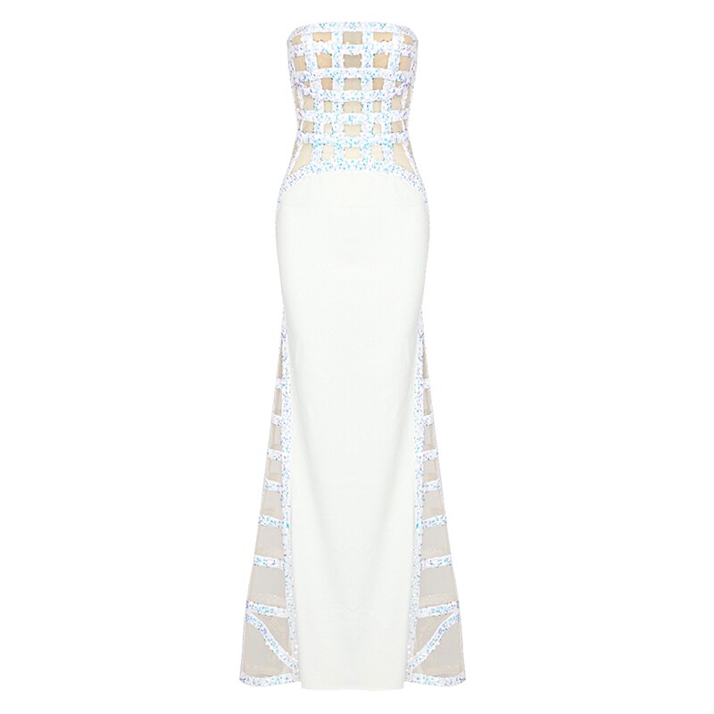 Mesh Tube Top Off Shoulder Sexy White Sequin Dress Design Slim Fit Mopping Evening Dress eprolo
