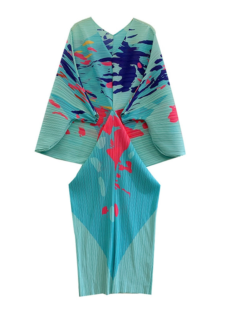 V-neck Bat Sleeve Maxi Pleated Dress Summer New Women's Elegant Retro Style Print Festival Dresses Clothing eprolo