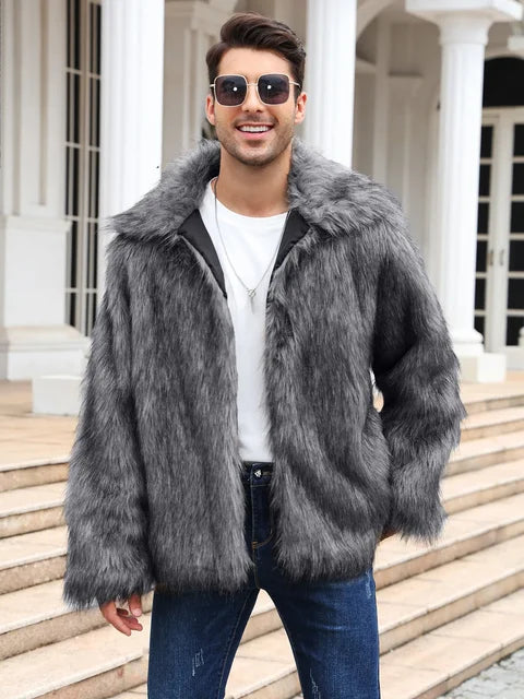 Men Faux Fox Fur Jacket Coat Winter Thick Fluffy Long Sleeve Lapel Warm Shaggy Outerwear Luxury Fur Jacket Bontjas Jackets Mens eprolo