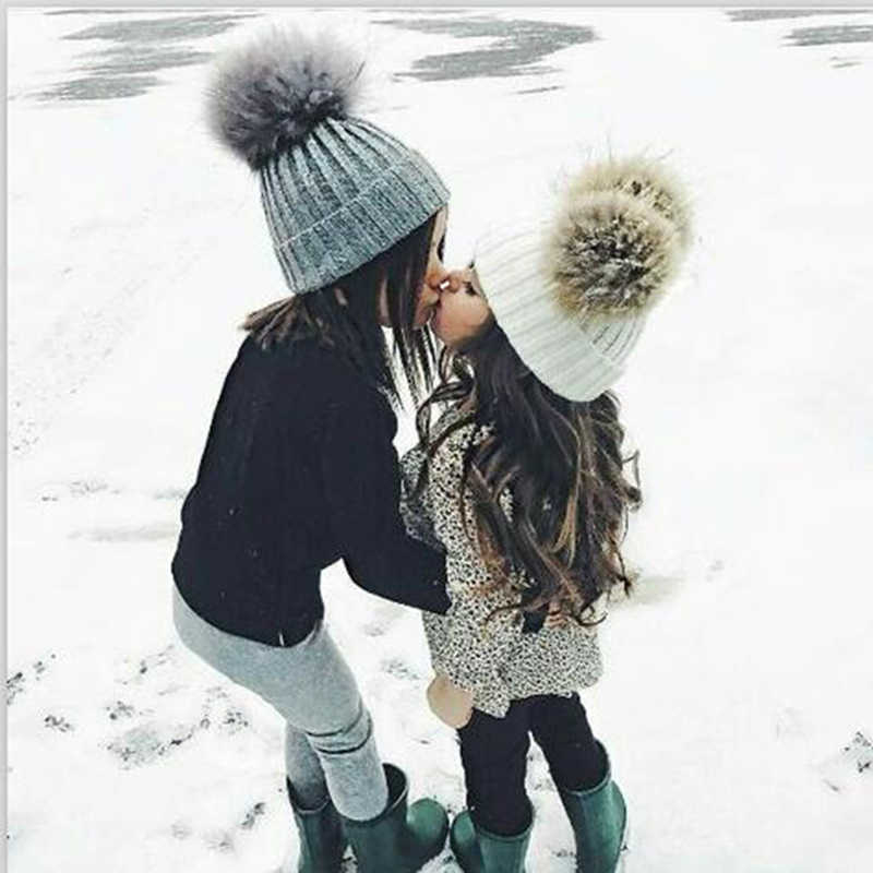 Parent-child Caps Cute Infant Baby Pompon Winter Hat Double Fur Ball Hat Mother Kids Warm Knitted Hat Newborn Beanie Cap eprolo
