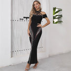 Elegant backless halter maxi dress with a fitted bodycon silhouette and beaded embellishments eprolo