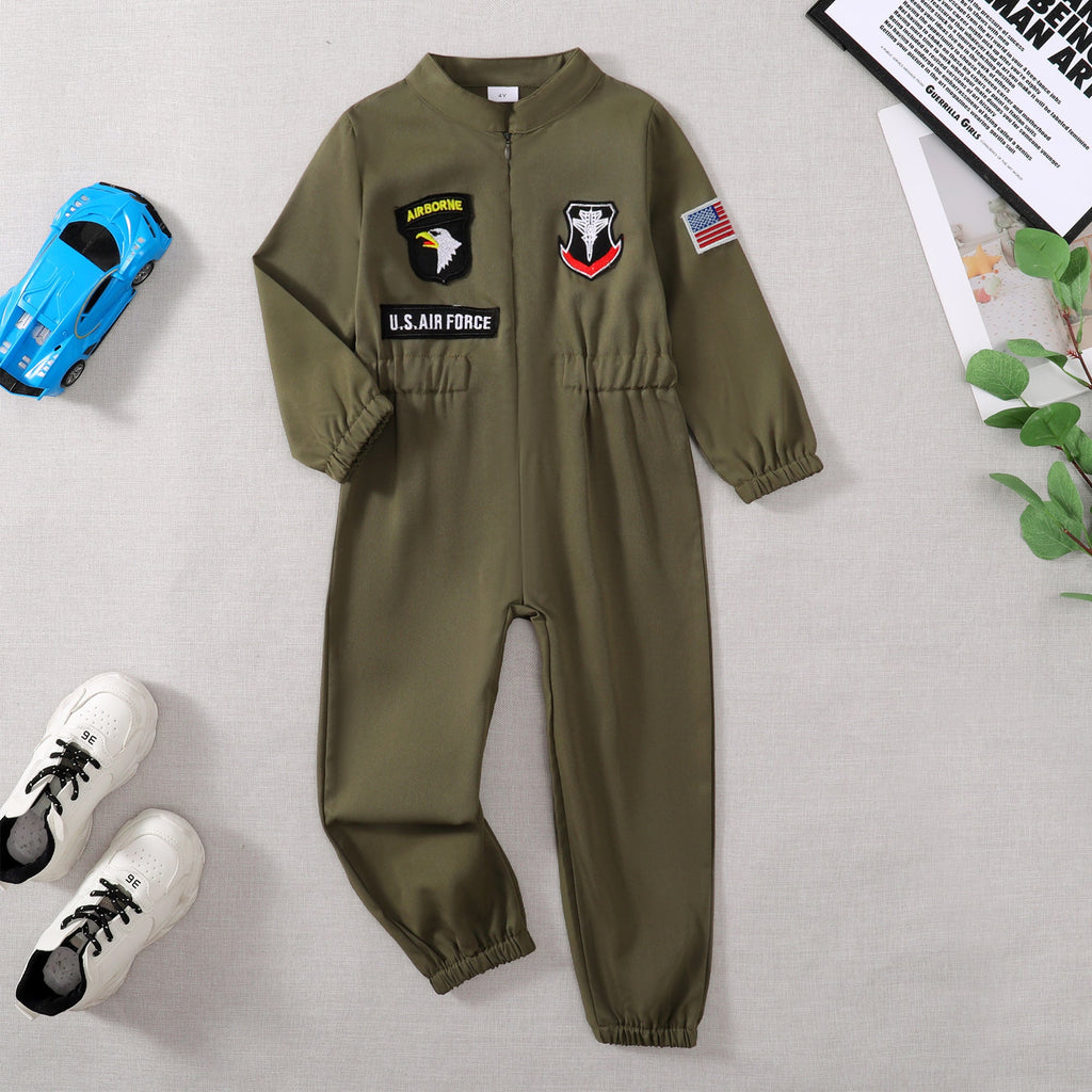 Toddler Boys Pilot Jumpsuit Army Green Long Sleeve Romper, Perfect For Birthday Party Outfits VELORIA - Thread of Generations