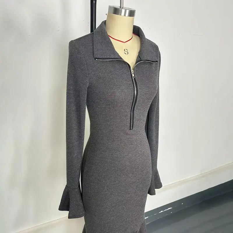 Women's Half Zip Bodycon Dress - Flared Sleeve & Fishtail Hem Long Sleeve Dress VELORIA - Thread of Generations