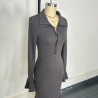 Women's Half Zip Bodycon Dress - Flared Sleeve & Fishtail Hem Long Sleeve Dress VELORIA - Thread of Generations