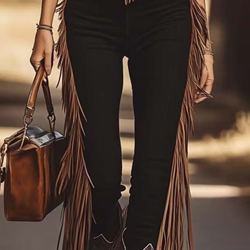 Women's Vintage Western Fringe Pants, Solid Color Slim Fit Trousers With Waist And Leg Fringe Detail LittleYogaSocks