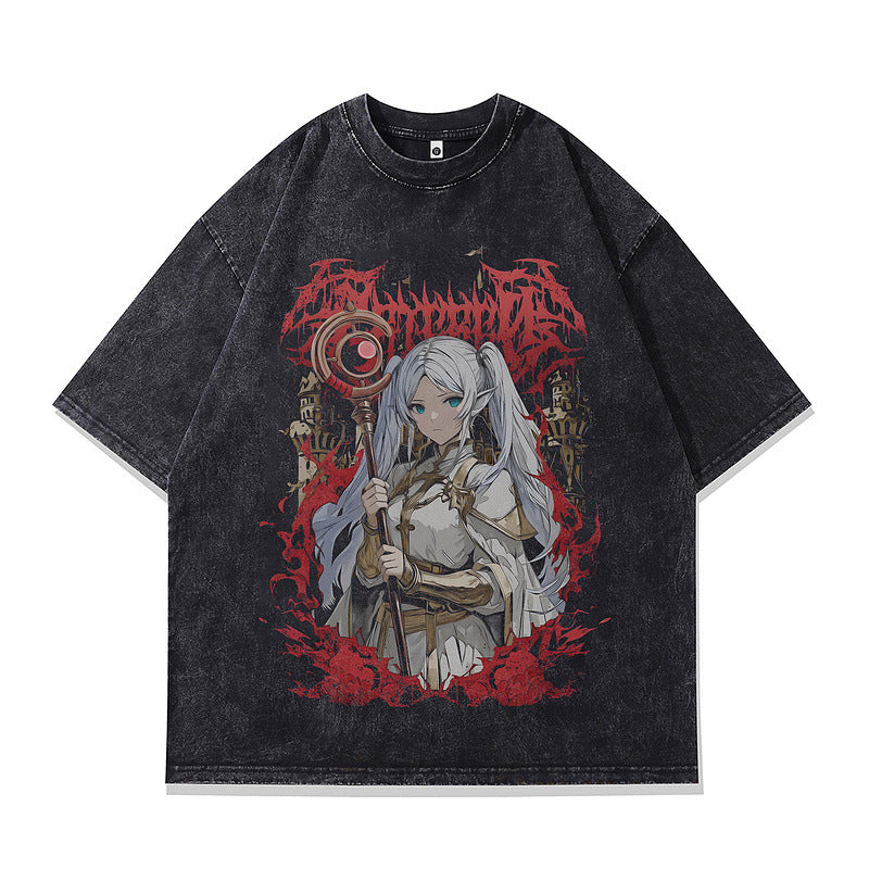Dark Anime Print Short Sleeve T-Shirt for Men and Women Vintage American Retro Heavyweight Washed Aged eprolo