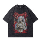 Dark Anime Print Short Sleeve T-Shirt for Men and Women Vintage American Retro Heavyweight Washed Aged eprolo