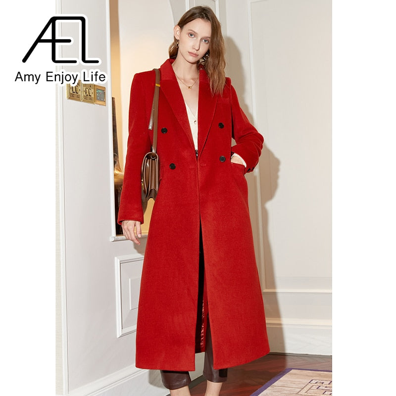 Red Double Breasted Vintage Loose Long Suit Woolen Coat eprolo