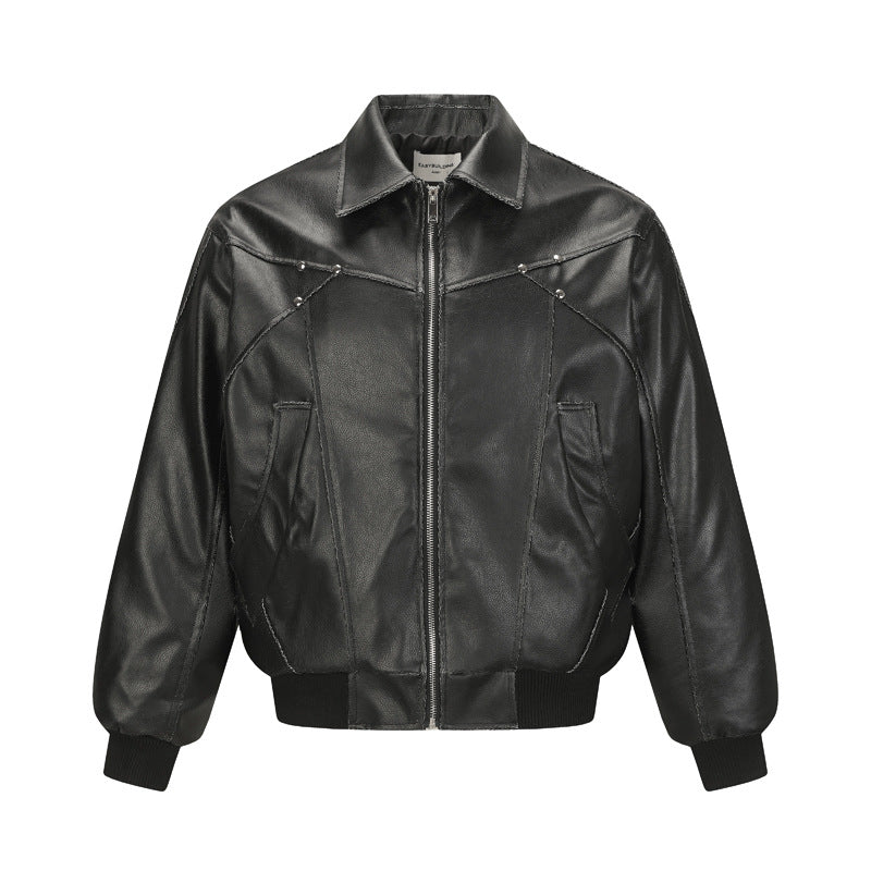 Style Deconstructed Patchwork Cracked PU Leather Notch Lapel Jacket Men Street Vintage Casual Cool Autumn Outerwear eprolo