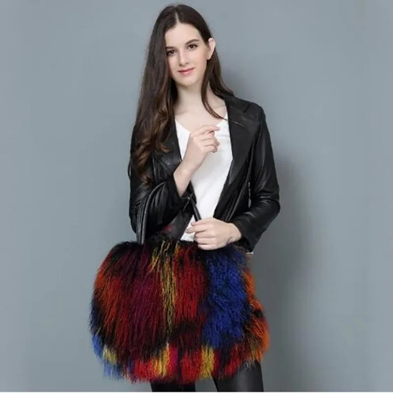 Real Mongolian Fur Bags Australian Beach Wool Fur Shoulder Bag Ladies Tibet Lamb Fur Wrist Bag Large Capacity eprolo