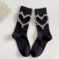 Summer and Spring European Luxury Love Diamond Black Chain Middle Tube Stacked Socks eprolo