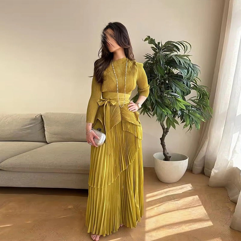 Wrinkled Irregular Lantern Skirt+Long Swing Skirt Set New Solid Color Two Piece Set eprolo