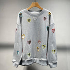 Small niche autumn and winter new grey round neck hollow out heart embroidered long sleeved hoodie for women eprolo