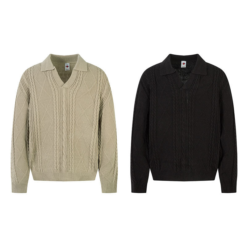 Cable Knit Collar Sweater Men Loose Fit Versatile Old Money Style Knit Top eprolo