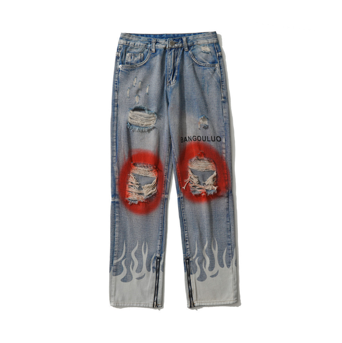 Trendy brand spray painted torn jeans for men hiphop fashion hip-hop fashion pants with flame straight leg cropped pants eprolo