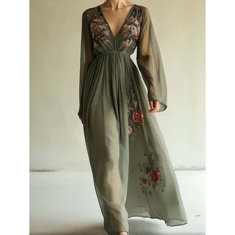 Spring/Summer Amazon Independent Station Cross border Digital Positioning Printed Long Sleeve Long Collar Dress Long Skirt eprolo
