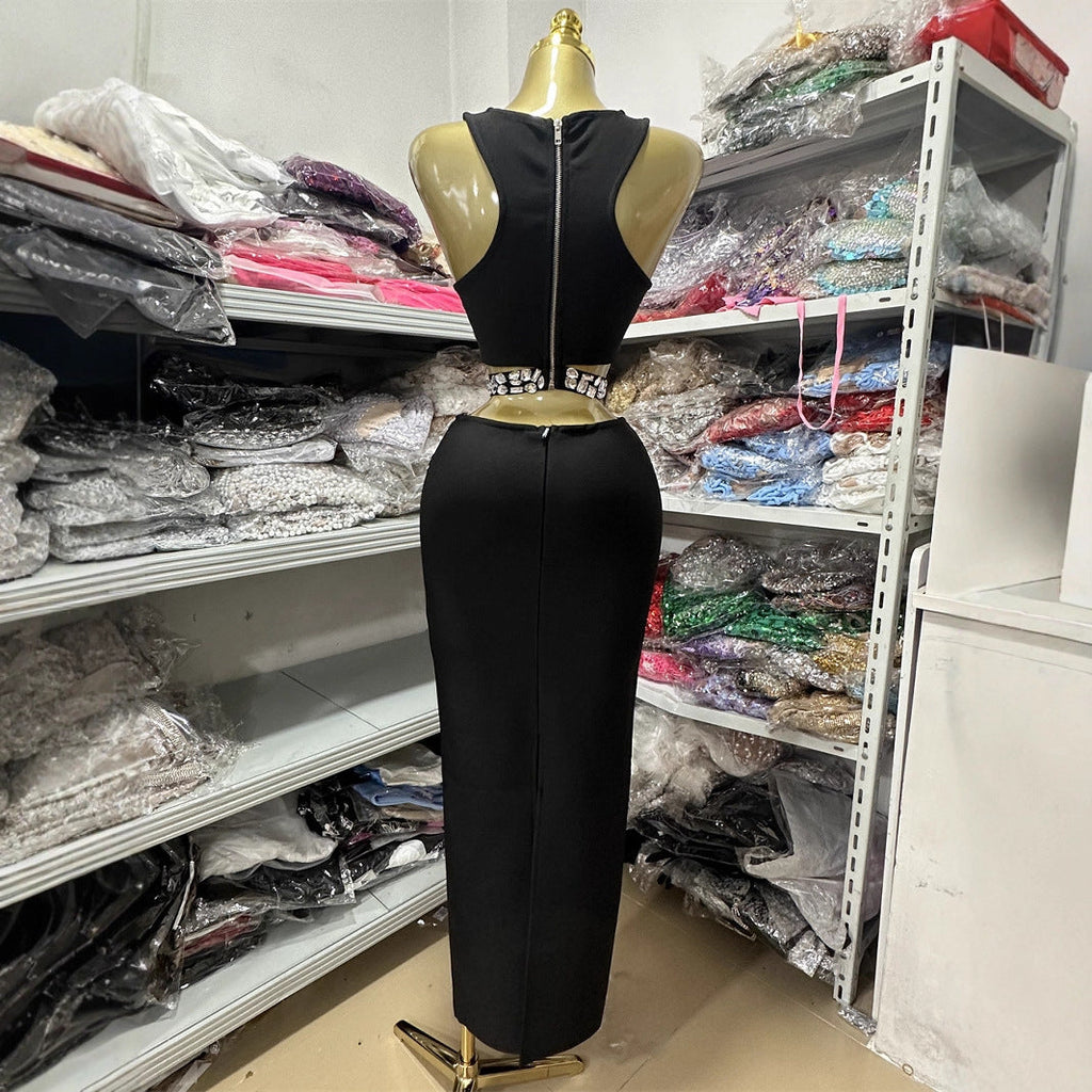 Fashionable Backless Beaded Spicy Mini Short Design Top + Casual Fitted Hip-Hugging Skirt Set eprolo