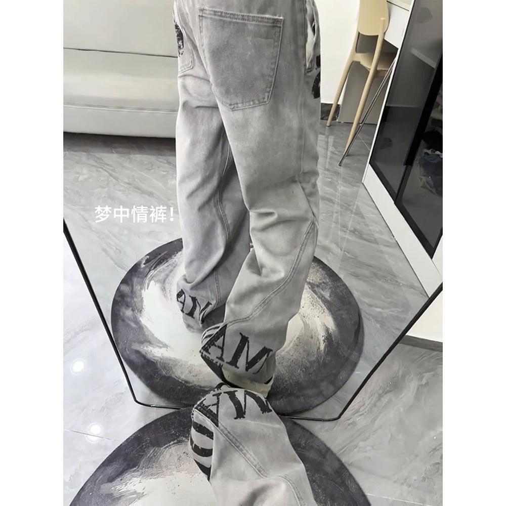 High Street Vibe Letter Print Jeans Women West Coast American Style Vintage Distressed Straight Leg Long Pants eprolo