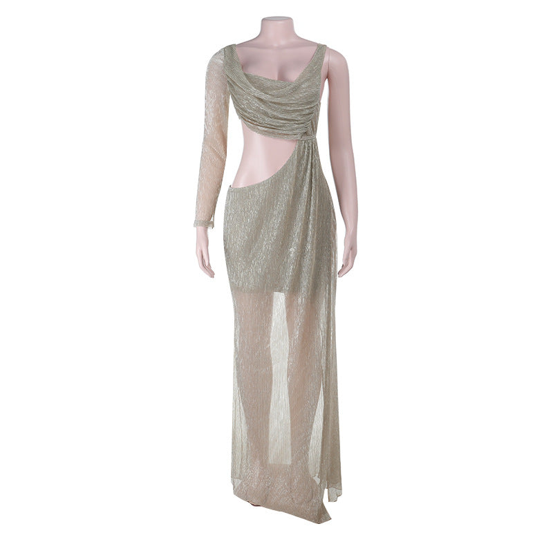 Single shoulder long sleeved hollow out sexy sparkling slit dress banquet dress eprolo