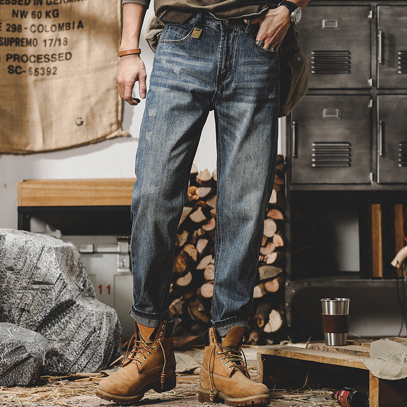 American Retro Classic-inspired men's jeans with a modern fit and durable construction. The rich indigo wash and quality denim hold their shape through everyday wear, making them a versatile wardrobe essential. LittleYogaSocks