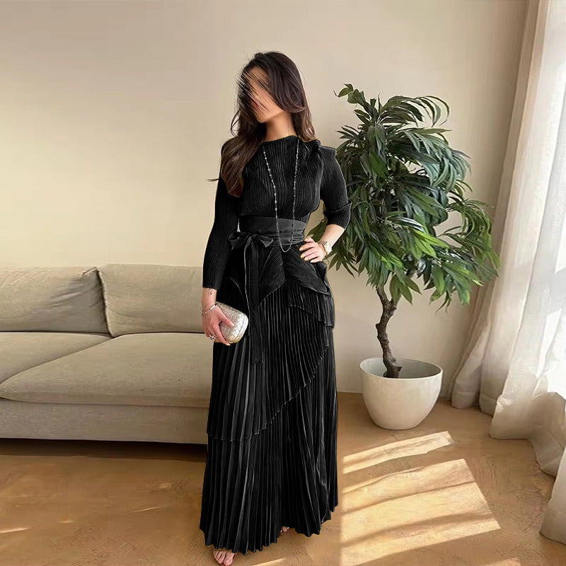 Wrinkled Irregular Lantern Skirt+Long Swing Skirt Set New Solid Color Two Piece Set eprolo
