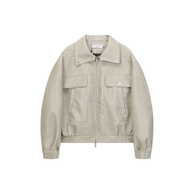 Retro Deconstructed PU Leather Jacket for Men, Turn-down Collar, Streetwear Preppy Style, Trendy Casual Outwear eprolo