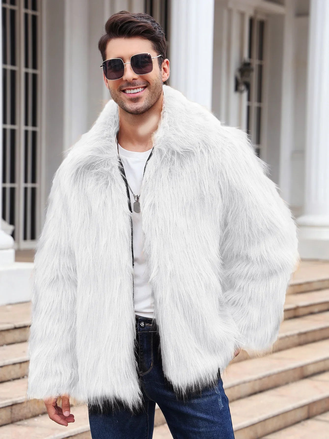 Men Faux Fox Fur Jacket Coat Winter Thick Fluffy Long Sleeve Lapel Warm Shaggy Outerwear Luxury Fur Jacket Bontjas Jackets Mens eprolo