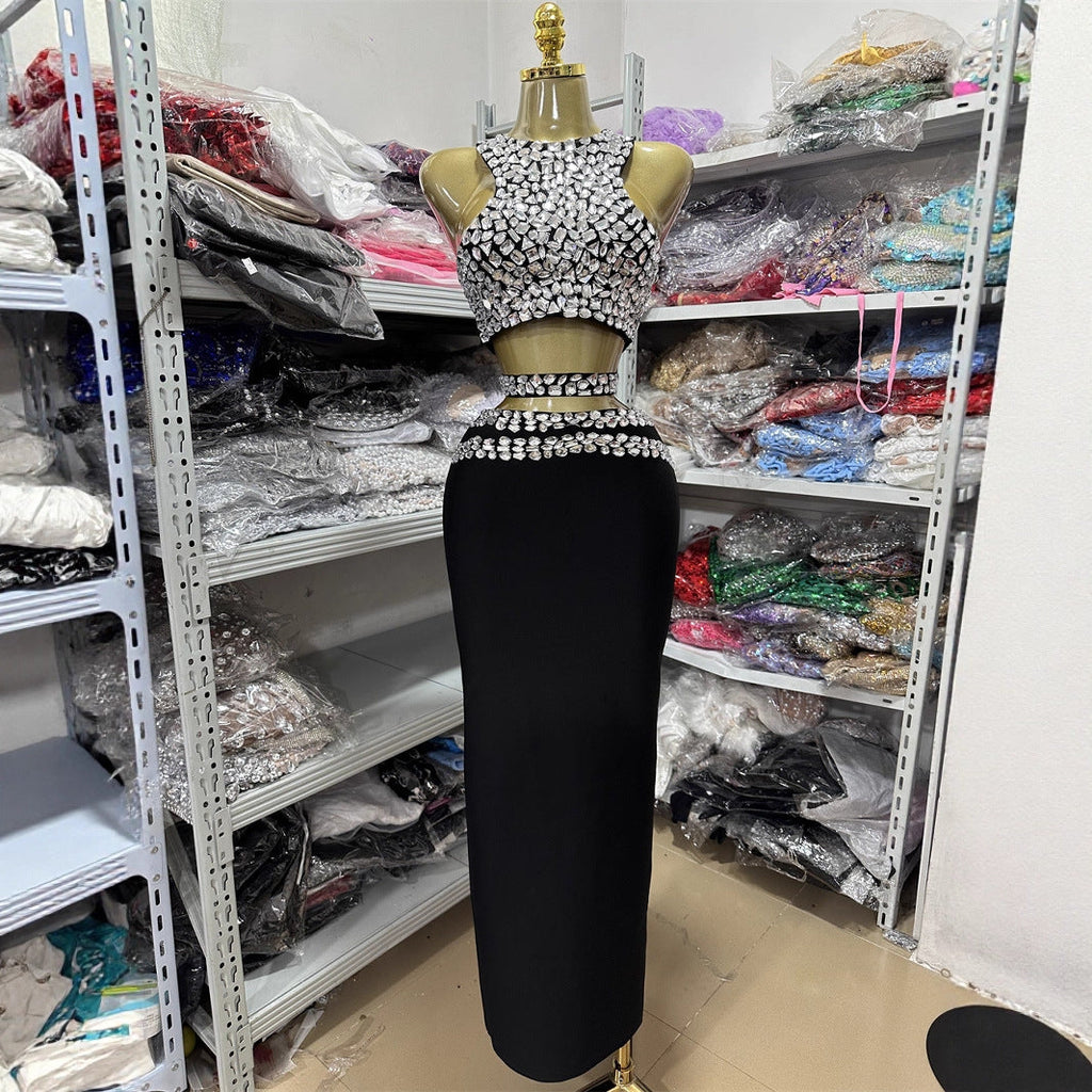 Fashionable Backless Beaded Spicy Mini Short Design Top + Casual Fitted Hip-Hugging Skirt Set eprolo