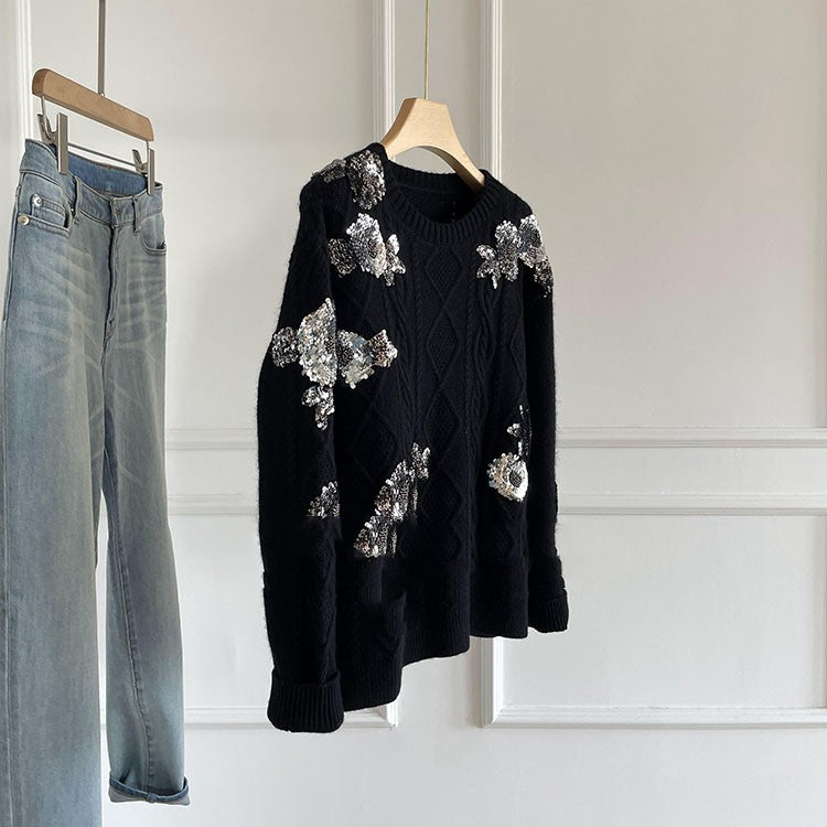 Women's Heavy Sequin Floral Embroidery Top LittleYogaSocks