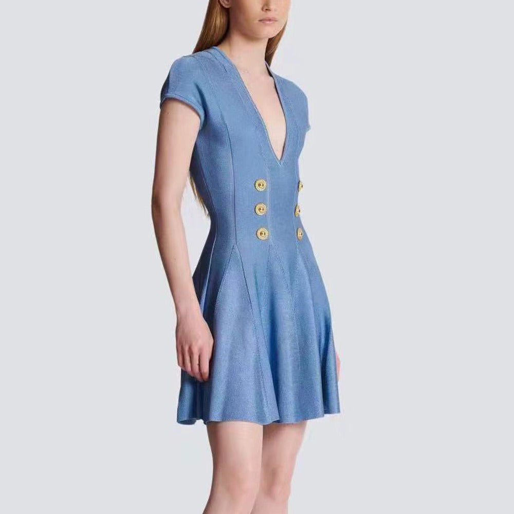 Raglan sleeves V-neck metal buckle high waist zippered knit dress trendy eprolo