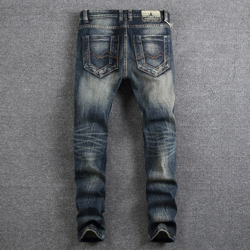 Retro Design Fashion Mens Jeans High Quality Nostalgia Wash Slim Fit Denim Ripped Jeans For Men Brand Streetwear Biker Jeans eprolo