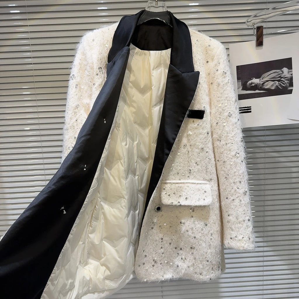Trendy Fashion Women's Sequins Tweed Cotton Blazer Winter New Turn-down Collar Long Sleeve Button Coat Female eprolo