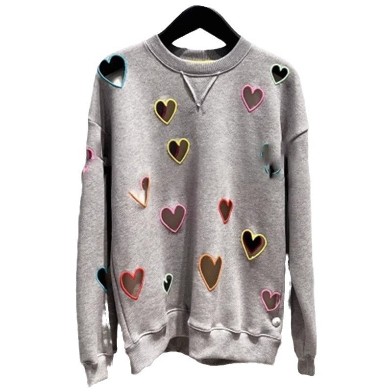 Small niche autumn and winter new grey round neck hollow out heart embroidered long sleeved hoodie for women eprolo