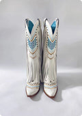 Retro Embroidered Rhinestone Slip-on Tassel Boots For Women LittleYogaSocks