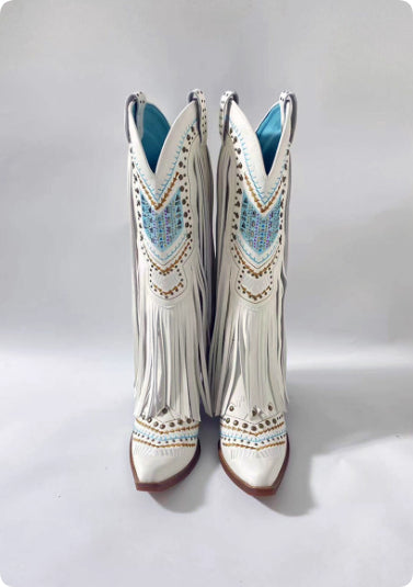 Retro Embroidered Rhinestone Slip-on Tassel Boots For Women LittleYogaSocks