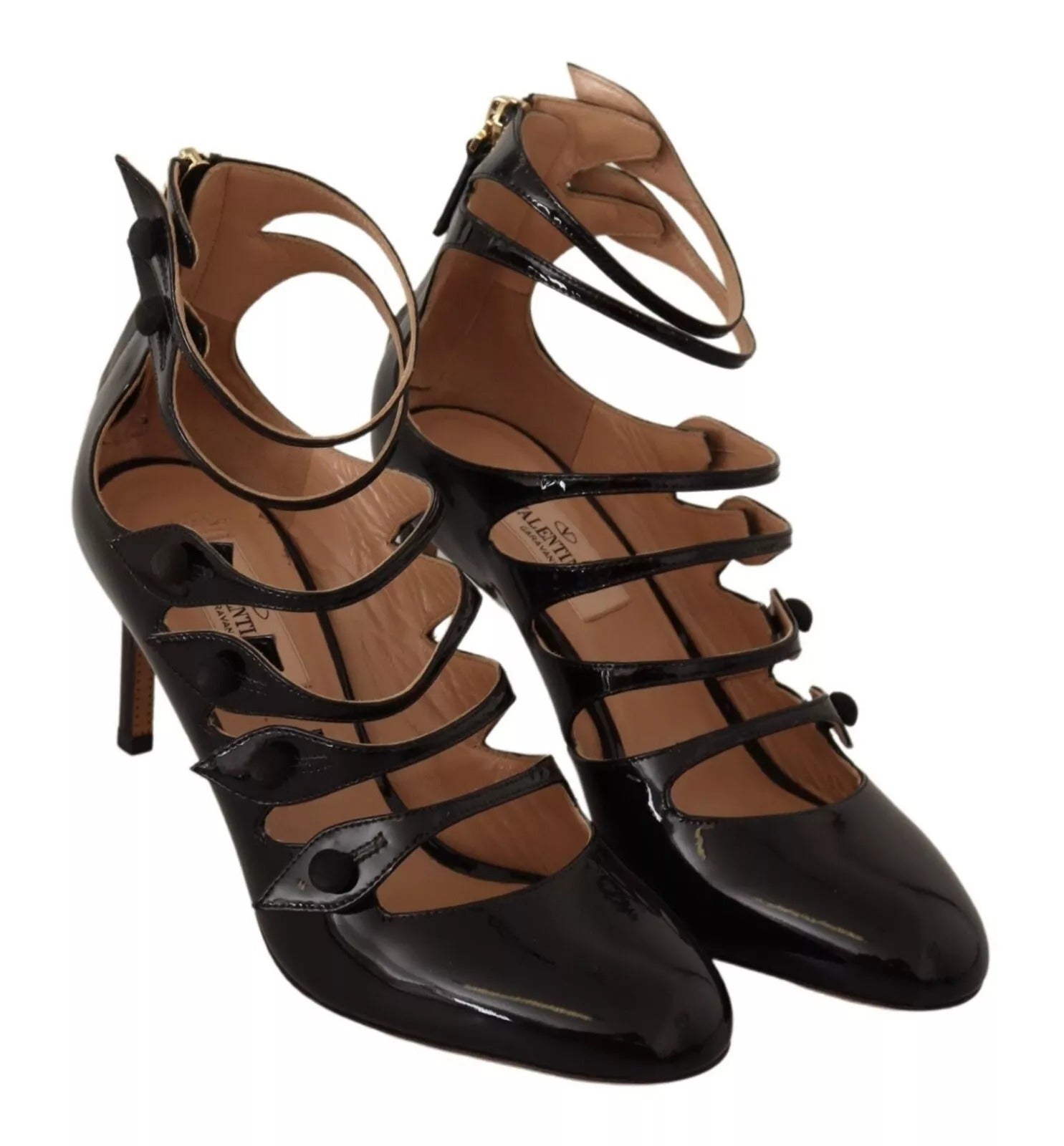 Valentino Black Multi Strap Leather Mid Heels Pumps Shoes Valentino