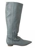 Valentino Blue Leather Elastic Flats Pull On Knee High Boots Shoes Valentino