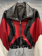 Fashion Contrast Color Patchwork Motorcycle Leather Jacket For Women Long Sleeve Lapel Zipper Coat  Autumn New eprolo