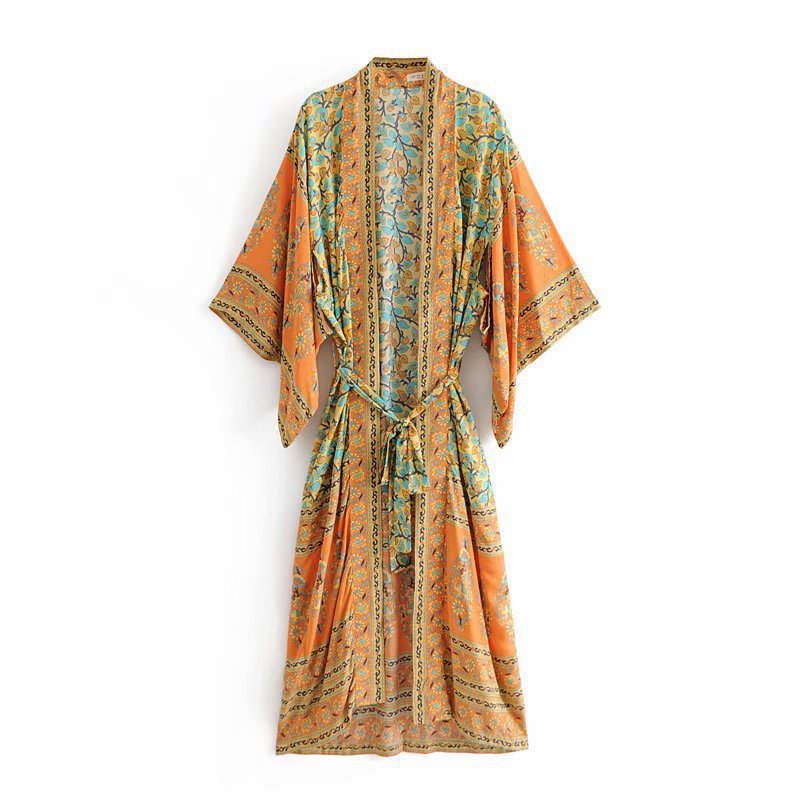 Spring/Summer Women's New Positioning Print Ankle Kimono Robe Yellow eprolo