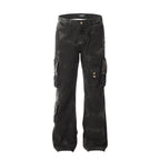Heavyweight Multi-Pocket Tie-Dye Design Denim Trousers Straight Leg for Men and Women eprolo