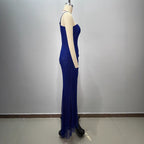Fashion Backless One-Shoulder Rhinestone Decorated Fitted Sleeveless Pleated Slit Long Bodycon Dress for Women eprolo