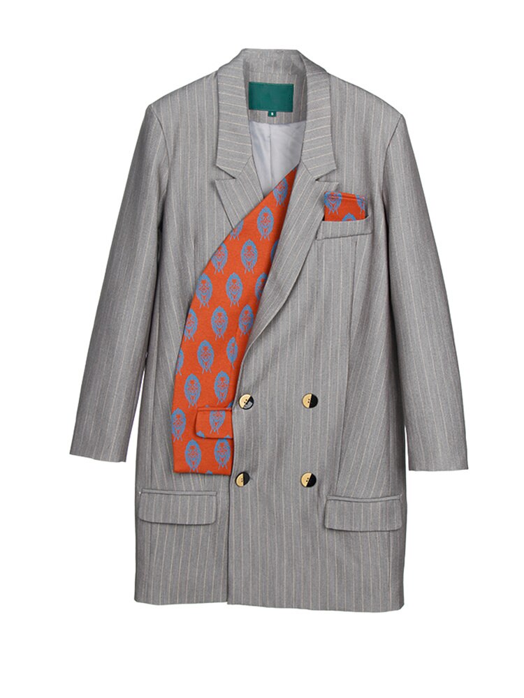 Women Gray Striped Long Big Size Blazer New Lapel Long Sleeve Loose Fit Jacket Fashion Trend Spring Autumn eprolo