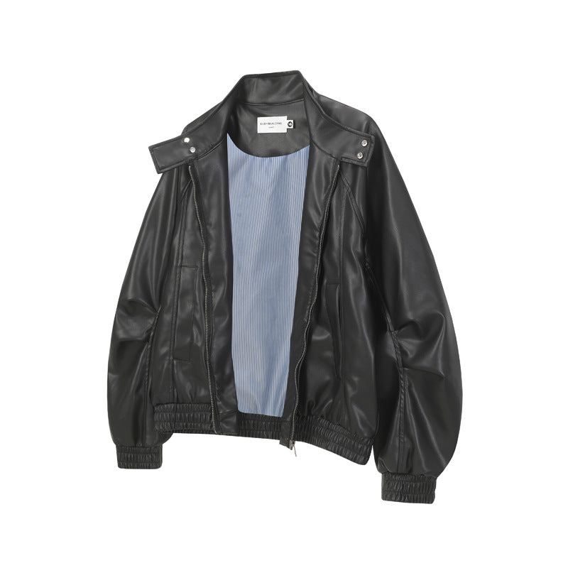 Street Retro Biker Leather Jacket for Men,  Loose Fit with Crinkled Sleeve Design eprolo